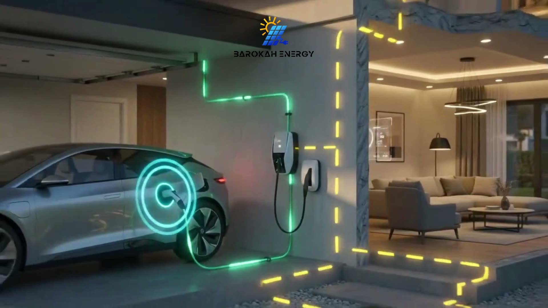 Tampilan pemantauan energi yang memperlihatkan produksi panel surya dan pemakaian listrik sepanjang hari.