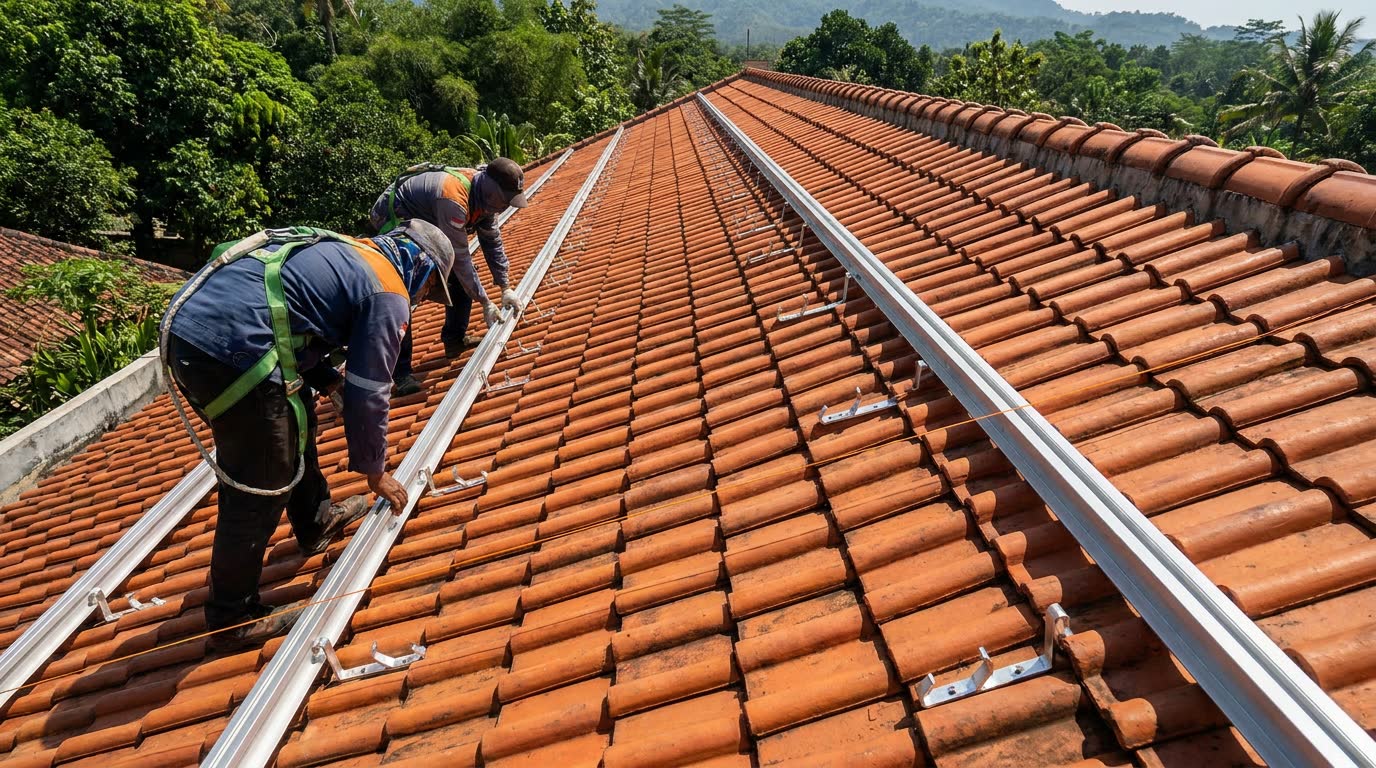 Teknisi memasang rel dudukan panel surya pada atap sebelum modul dinaikkan.